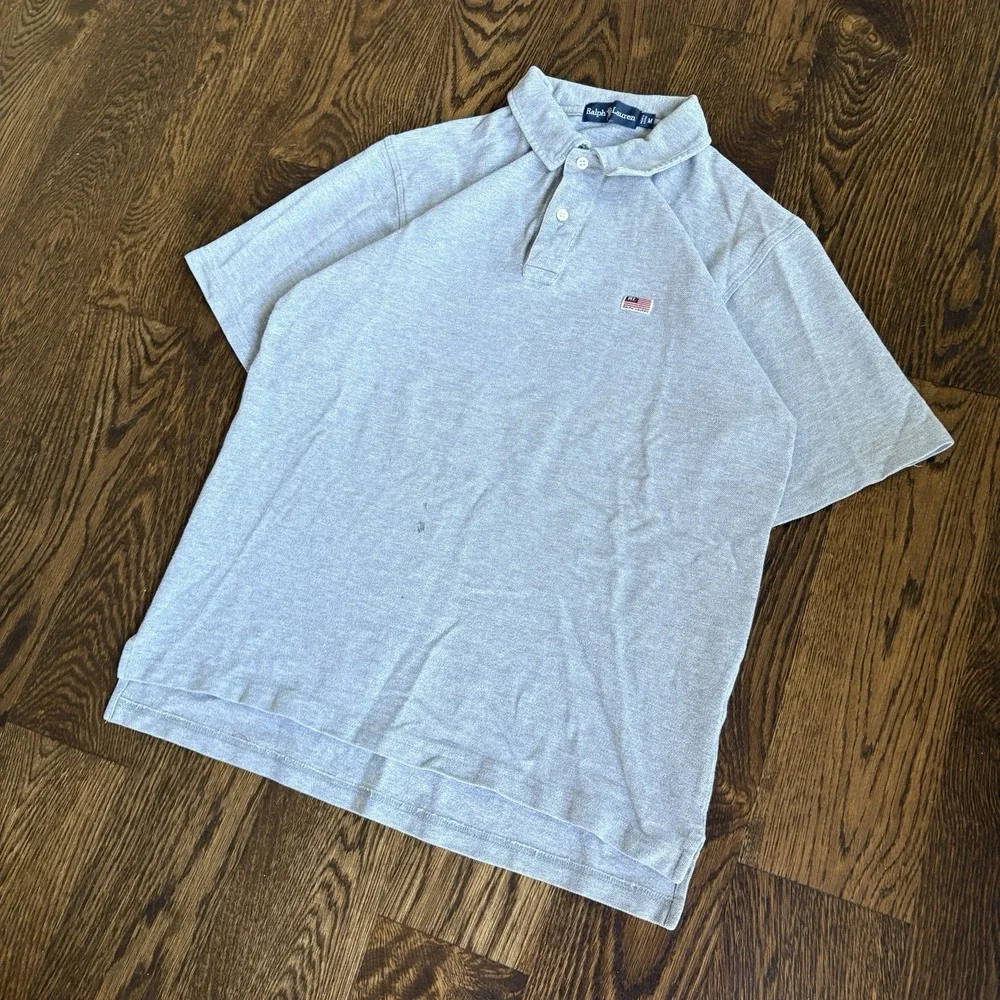 Vtg 90s Ralph Lauren USA Flag Patch Polo Shirt Mens M Gray Short Sleeve Heavy